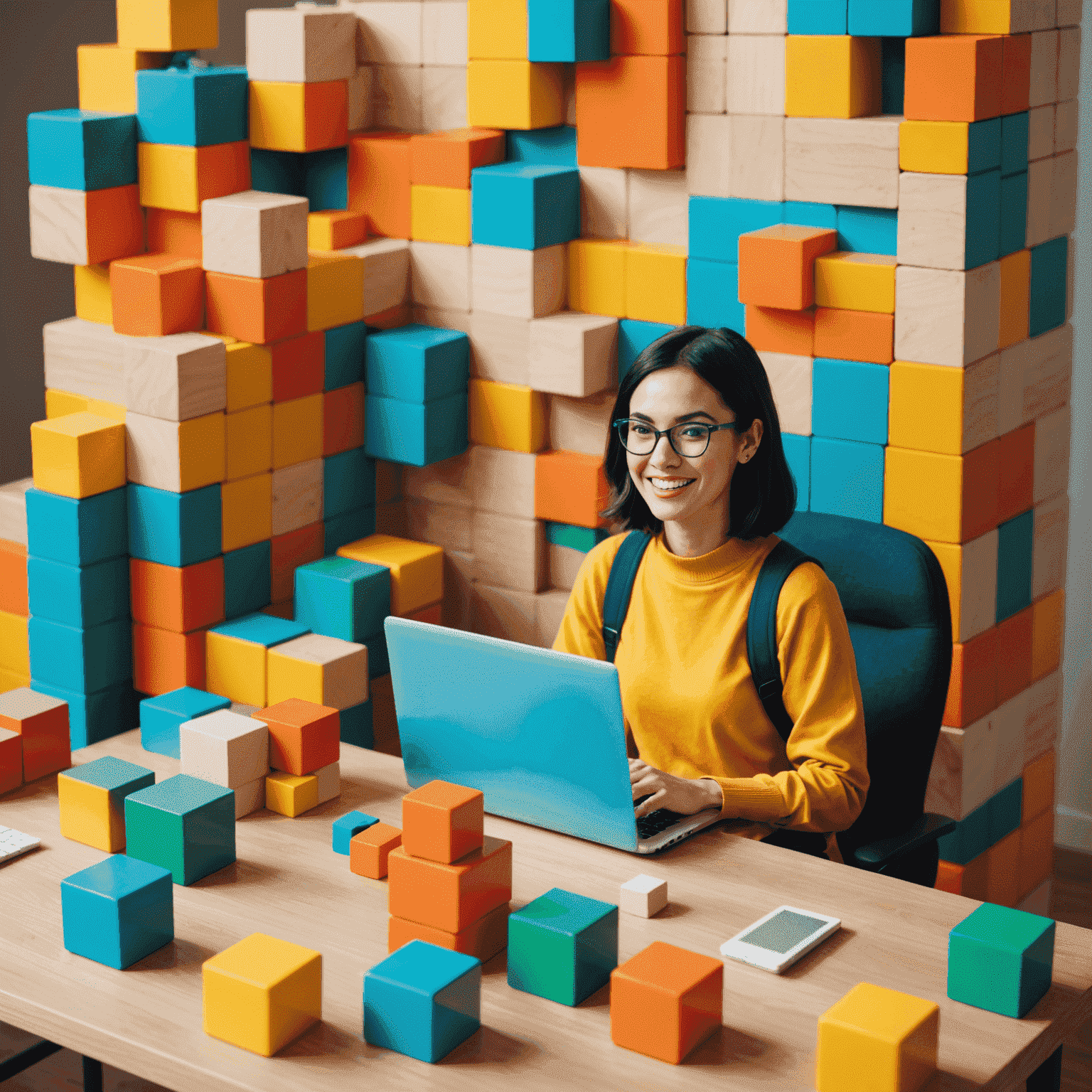 Imagen que muestra una interfaz de arrastrar y soltar para crear sitios web, con bloques de construcción coloridos y una persona sonriente usando una computadora portátil